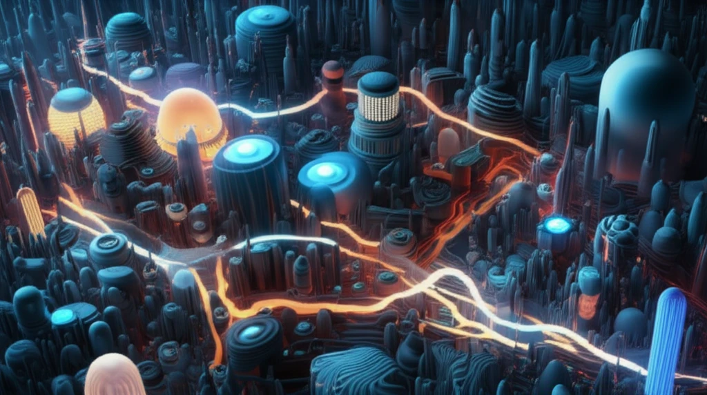 A surreal illustration of cells as buildings, with mechanobiological forces as rivers, in a futuristic landscape.