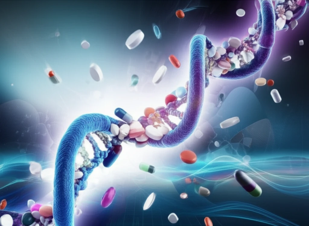 DNA and birth control pills intertwined, representing gene-environment interaction in ovarian cancer prevention.