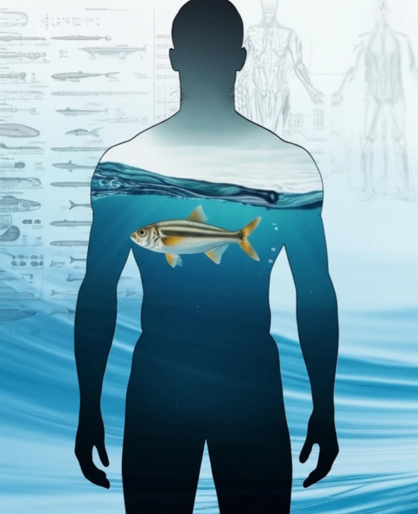 Illustration of a man's silhouette with a fish inside, symbolizing the benefits of fish oil for men's health.