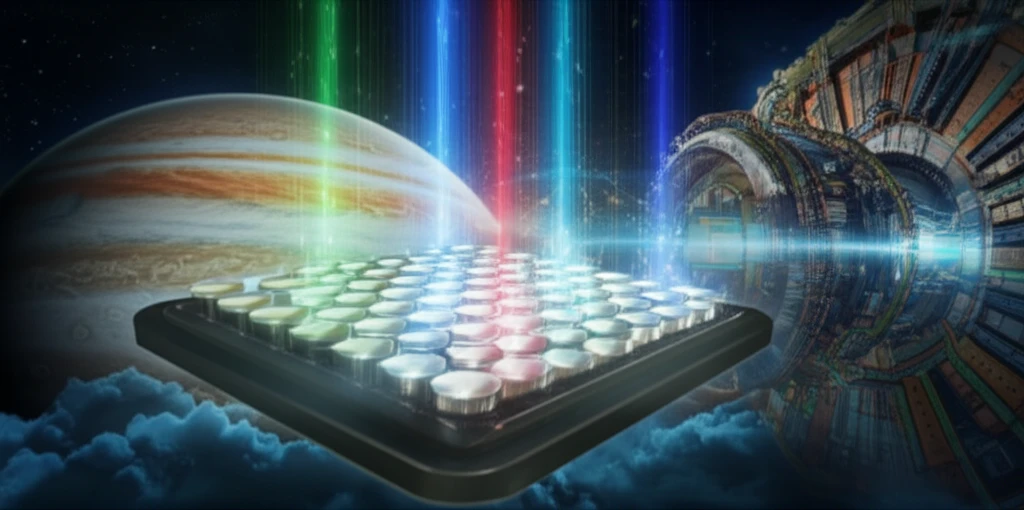 A surreal illustration of a microchannel plate detector analyzing high-energy particles in space.