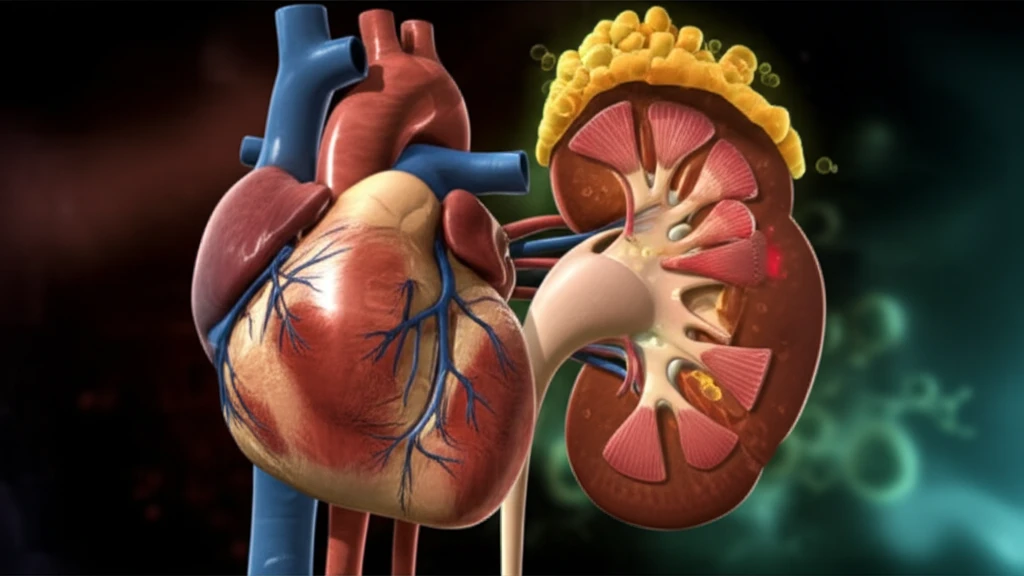 Intertwined heart and kidney with glowing stem cells, symbolizing healing and regeneration.