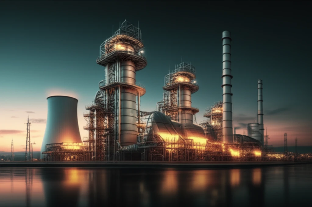Surreal digital illustration of an oxy-turbine power plant with CO2 capture.