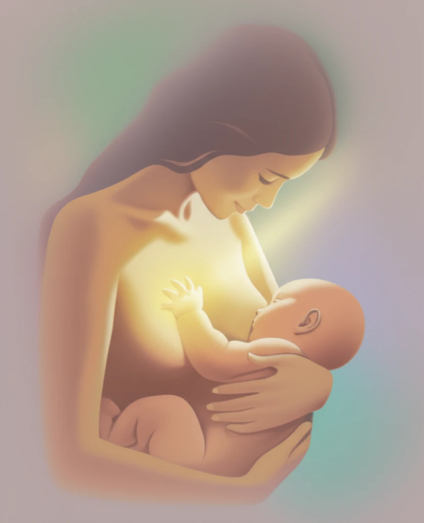 Mother breastfeeding baby with symbolic light representing milk and health.