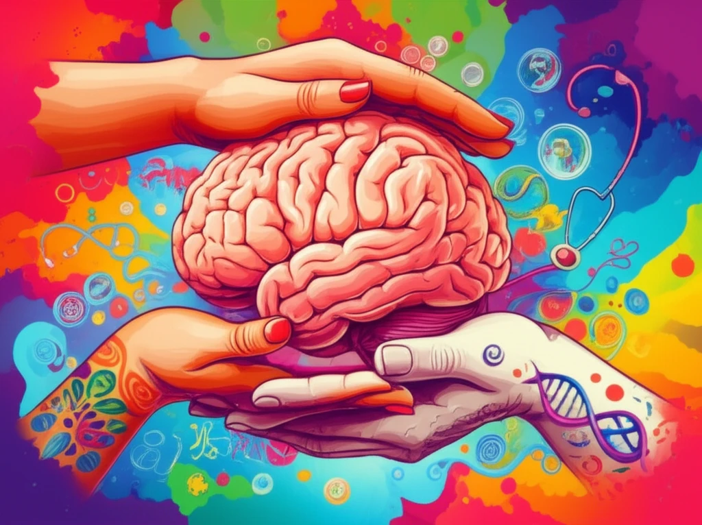 Two hands, one traditional, one medical, holding a brain representing intercultural mental health.