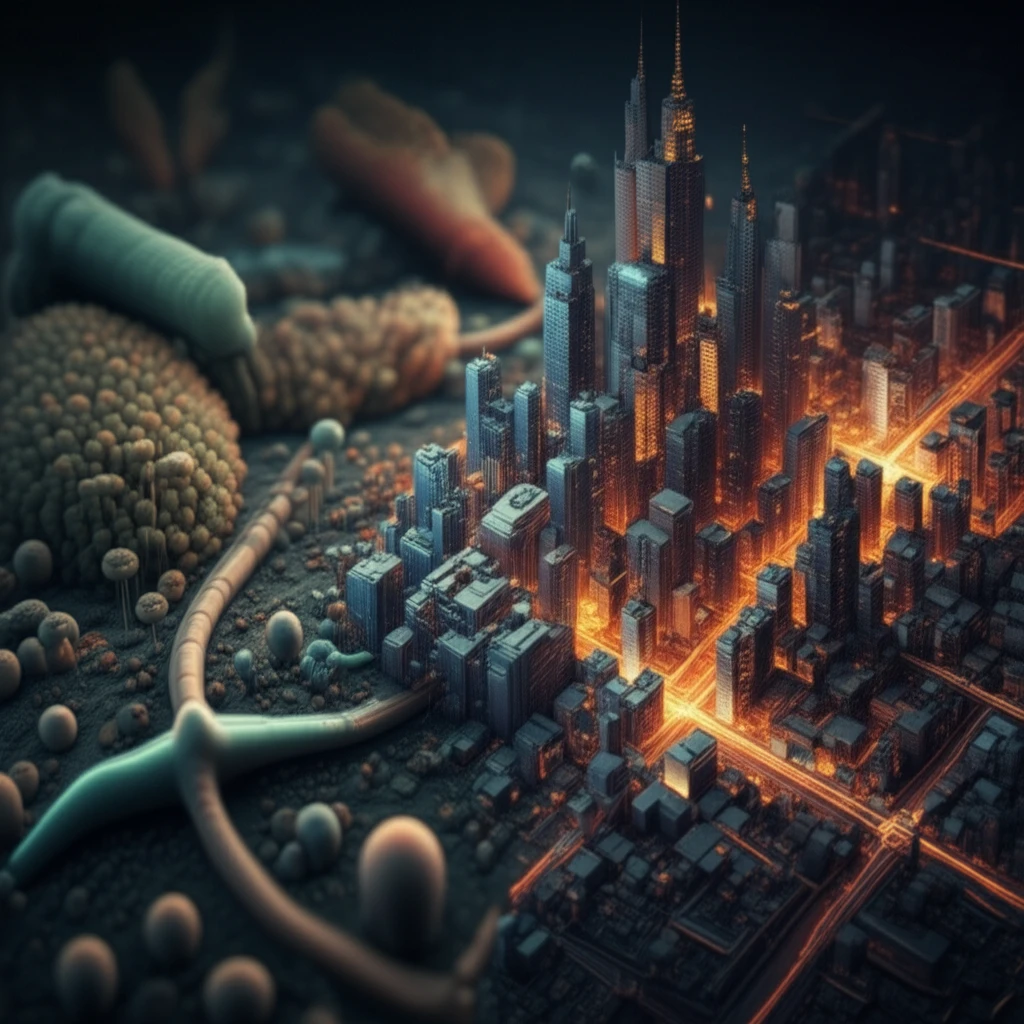 Microscopic landscape transforming into a 3D cityscape, representing the power of stereology.
