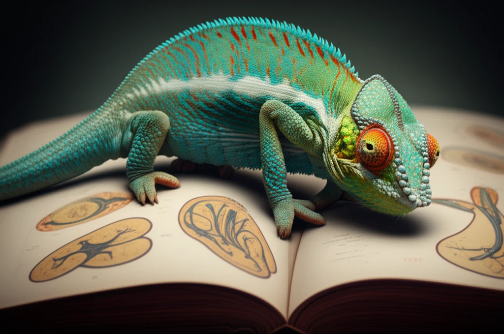Illustration of chameleon blending into medical textbook page, representing a rare tumor mimicking a common disease.