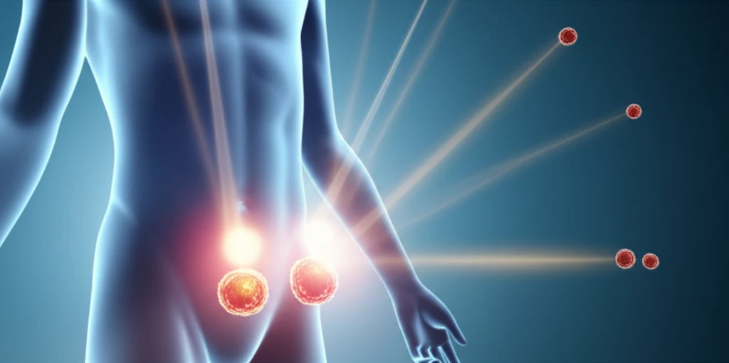 Targeted radiation therapy symbolized by light beams precisely targeting cancer cells.