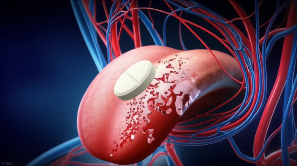 Fast dissolving tablet dissolving on tongue, with artery background.
