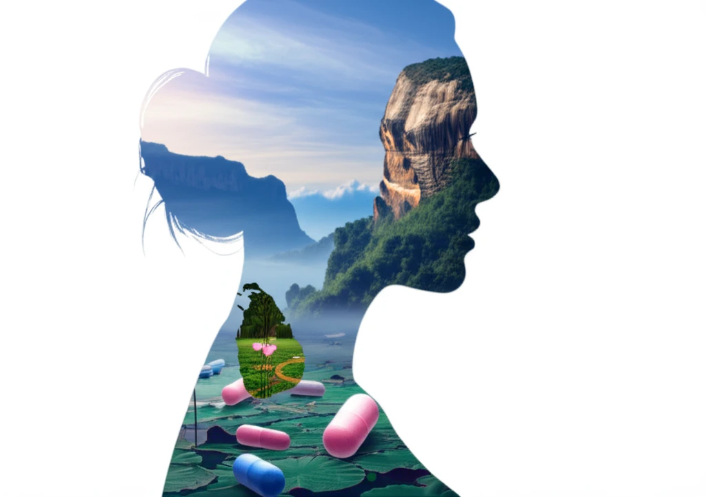 Sri Lankan landscape within a woman's silhouette, with birth control pills subtly turning into lotus flowers.