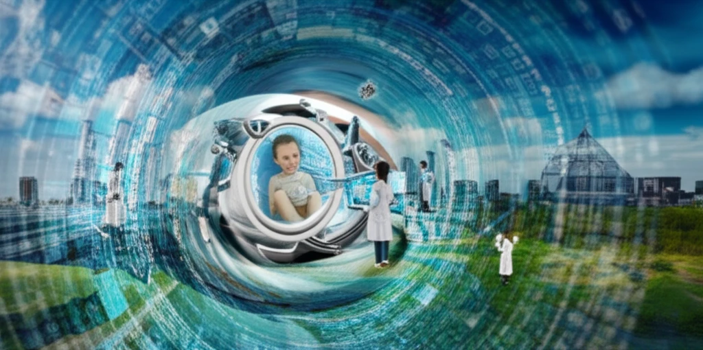 A futuristic medical pod transporting a child through a data vortex, symbolizing pediatric interfacility transport.
