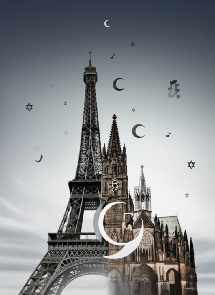 Religious symbols juxtaposed with national landmarks