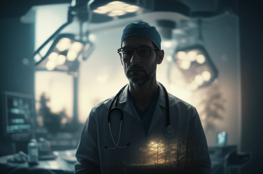 Surreal illustration of a doctor transitioning from a stressful operating room environment to a calming natural landscape, symbolizing burnout recovery.