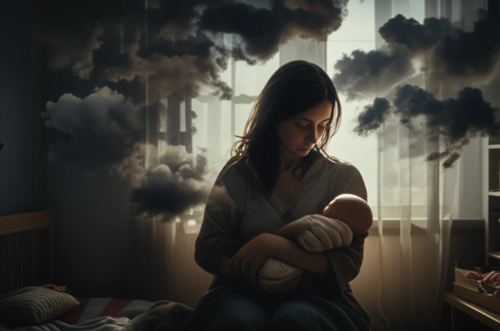 A mother experiencing postpartum OCD with intrusive thoughts visualized as dark clouds.