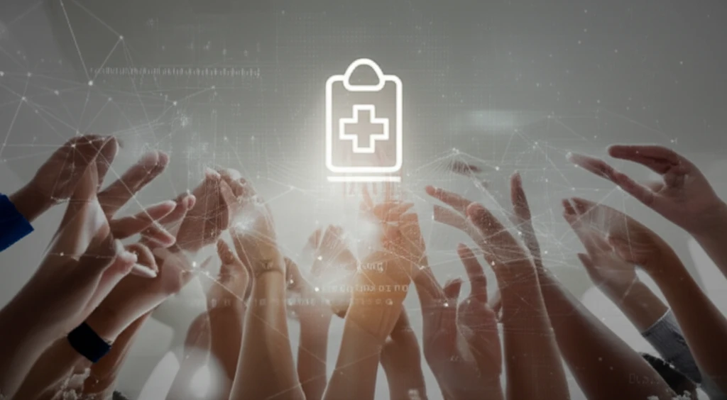 Diverse hands reaching for equitable healthcare, data-driven analysis in the background.