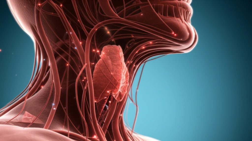 Surreal illustration of blood vessels forming a throat, representing cancer prediction through inflammatory markers.