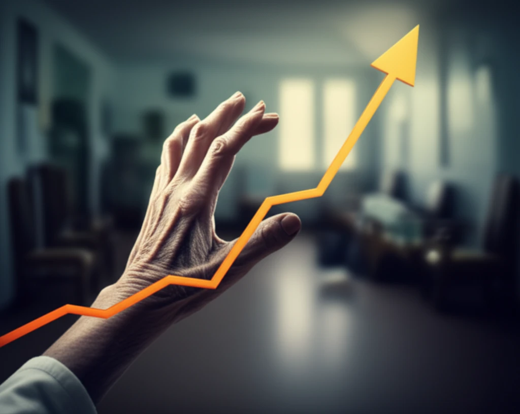 Frail elderly hand reaching for help, overshadowed by a towering profit graph in a nursing home.