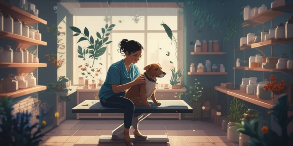 A veterinarian gently examines a dog in a clinic filled with medicinal plants.