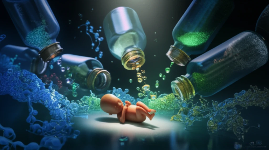 Surreal illustration of a baby surrounded by enzymes and medicine bottles.