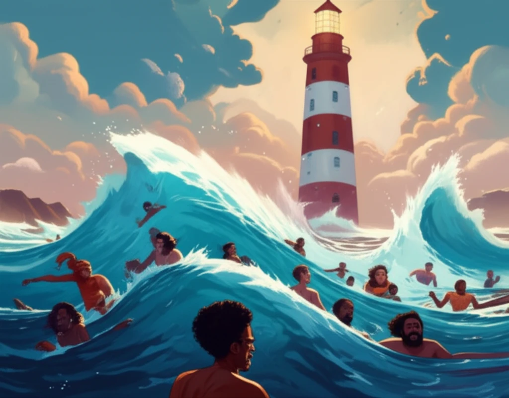 A diverse group swimming against a current toward a lighthouse, symbolizing the challenge and hope of health equity work.