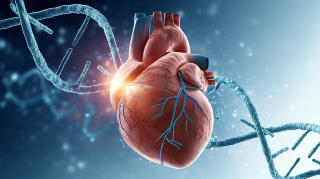 Abstract illustration of a heart with DNA strands, symbolizing the genetic basis of congenital heart defects.