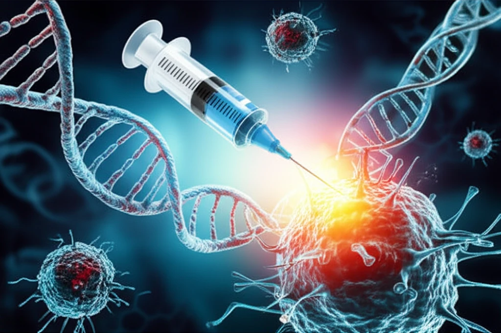 Surreal illustration representing personalized cancer vaccine attacking a tumor.