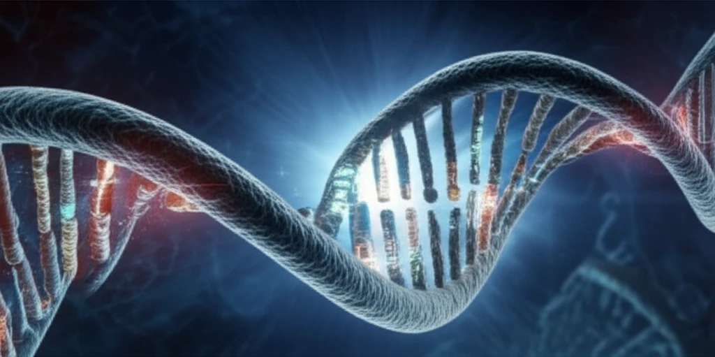 DNA strand unraveling into cityscape