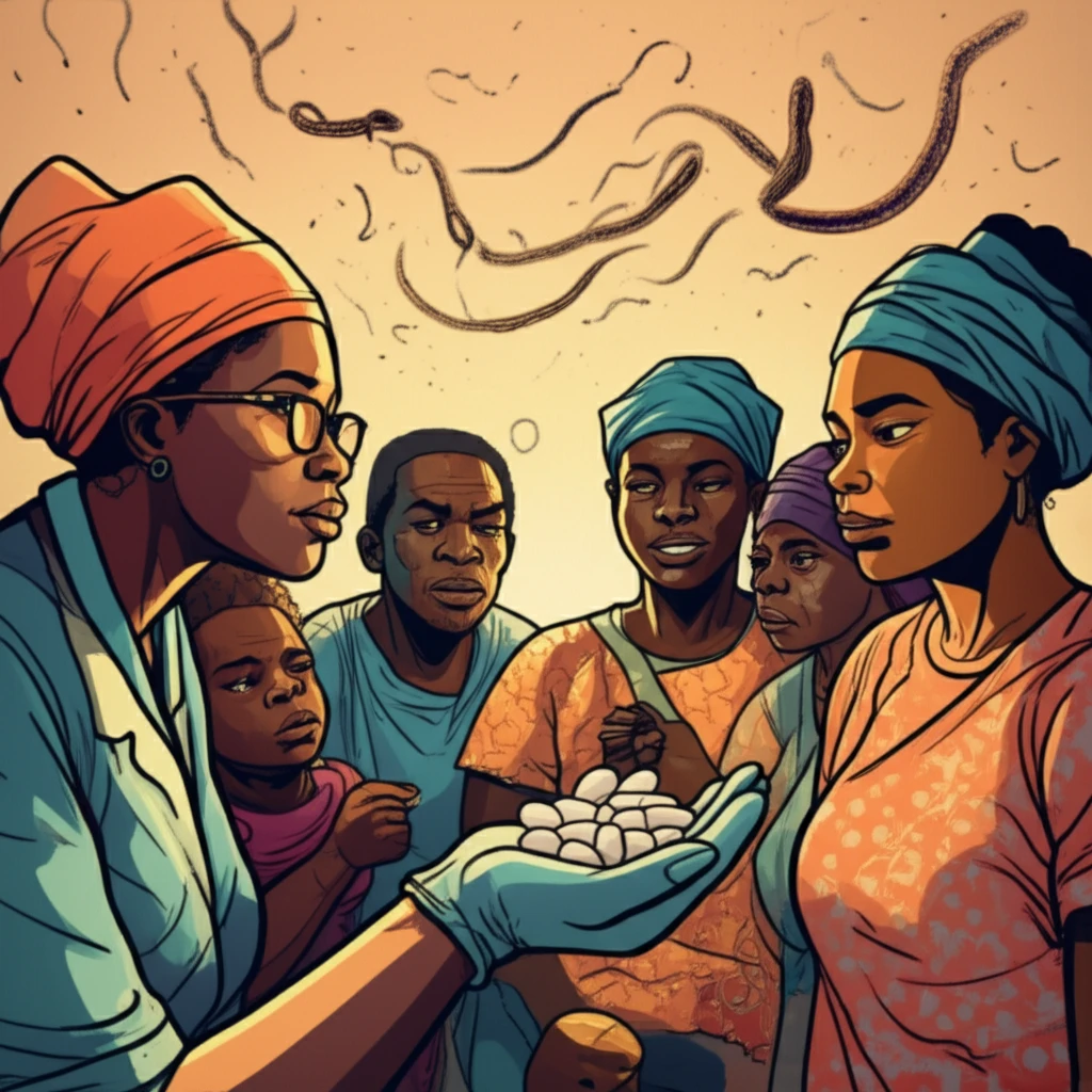 Community receives ivermectin for loiasis control.