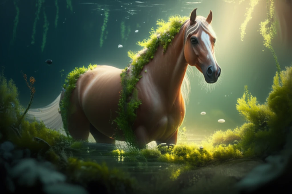 Horse surrounded by glowing green algae.