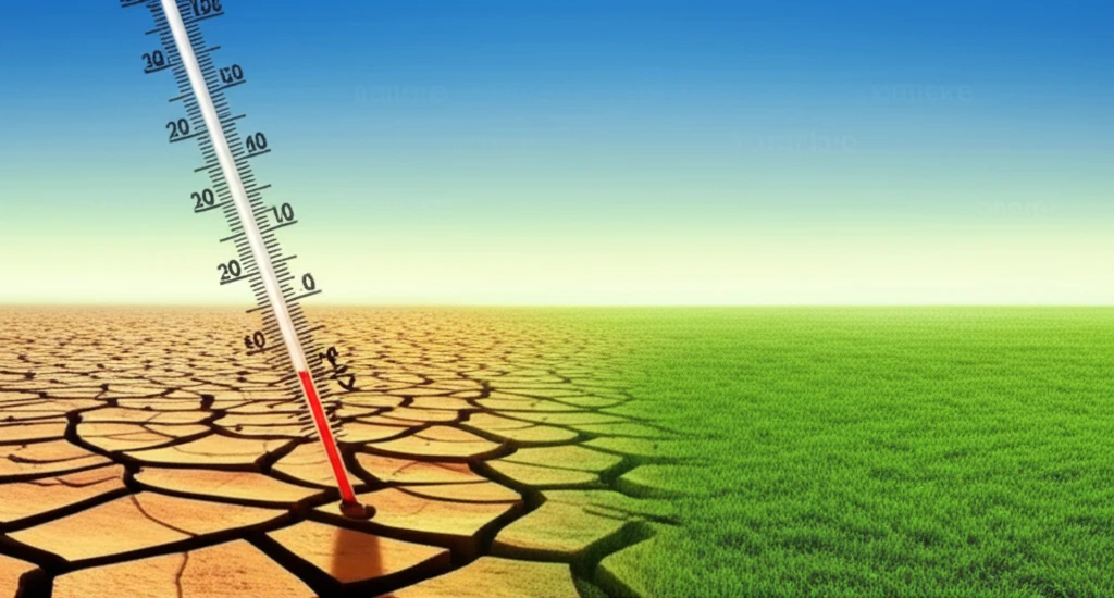 Surreal illustration of climate change impact in Ethiopia, contrasting drought and greenery.