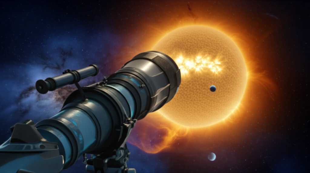 Telescope observing a star with sunspots and an exoplanet.