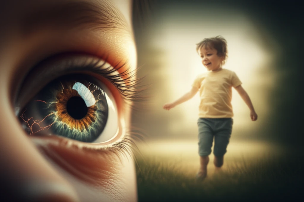 Infant's eye with glowing retinal vessels, symbolizing anti-VEGF treatment impact on vision.