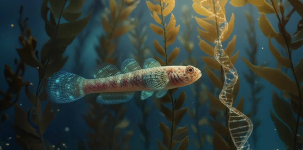 Bioluminescent goby fish swimming through a kelp forest with DNA strands interwoven into the kelp.
