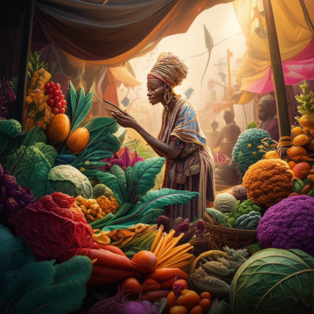 Vibrant West African marketplace with traditional healer examining leafy vegetables.