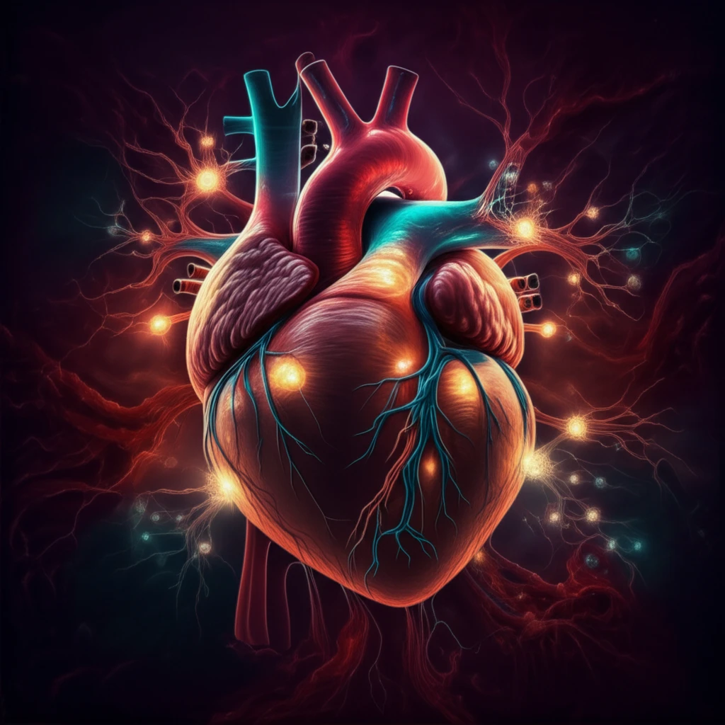 Surreal illustration of a heart with glowing receptors amidst an inflamed background.