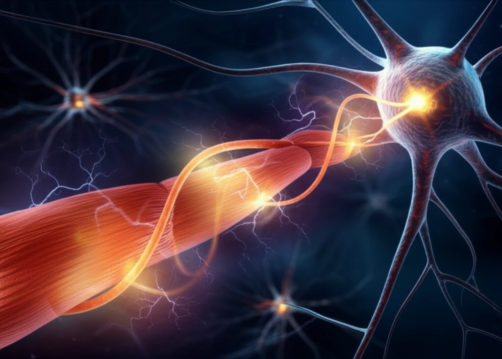 Surreal illustration of muscle and nerve interaction with electrical pulses.