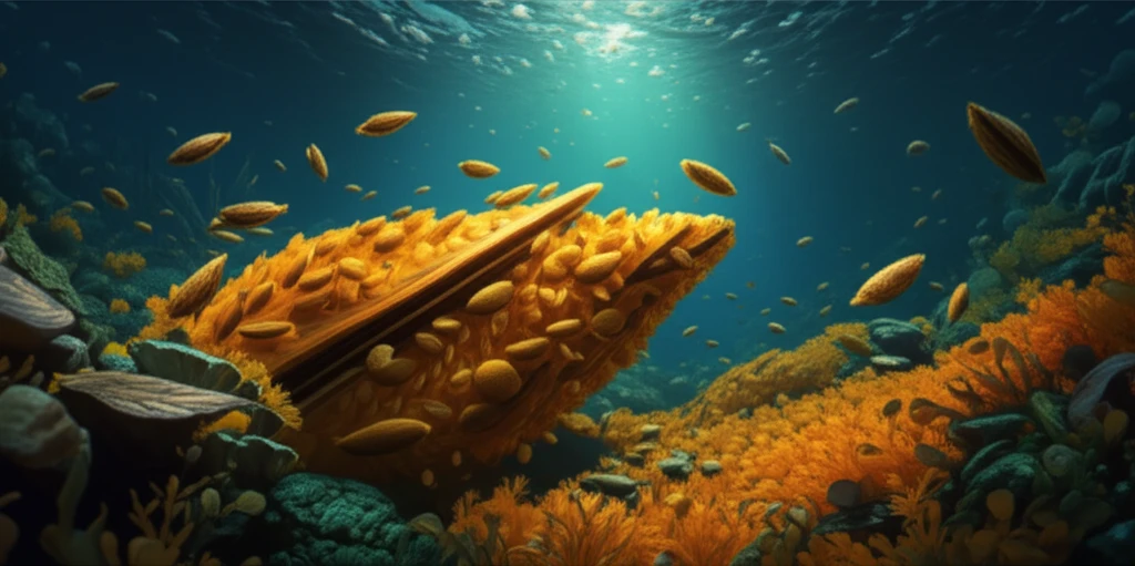 Golden mussels invading a freshwater ecosystem.