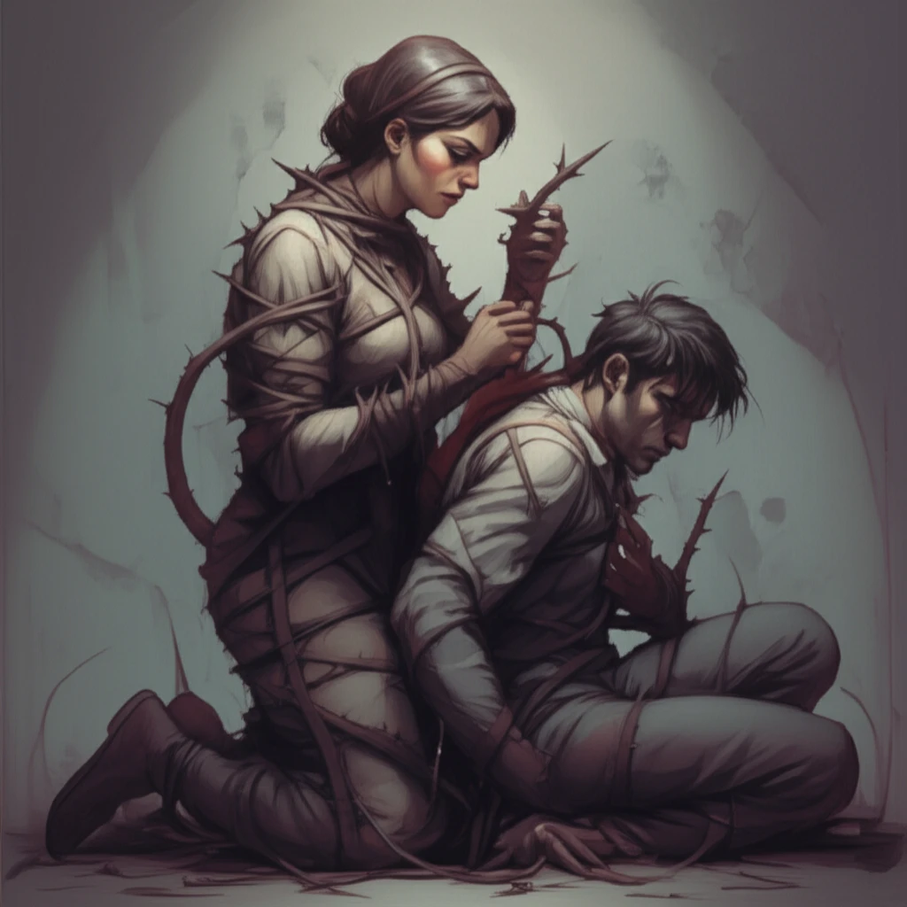 Surreal illustration of a couple entangled in thorny vines, representing the complexities of reversed gender violence.