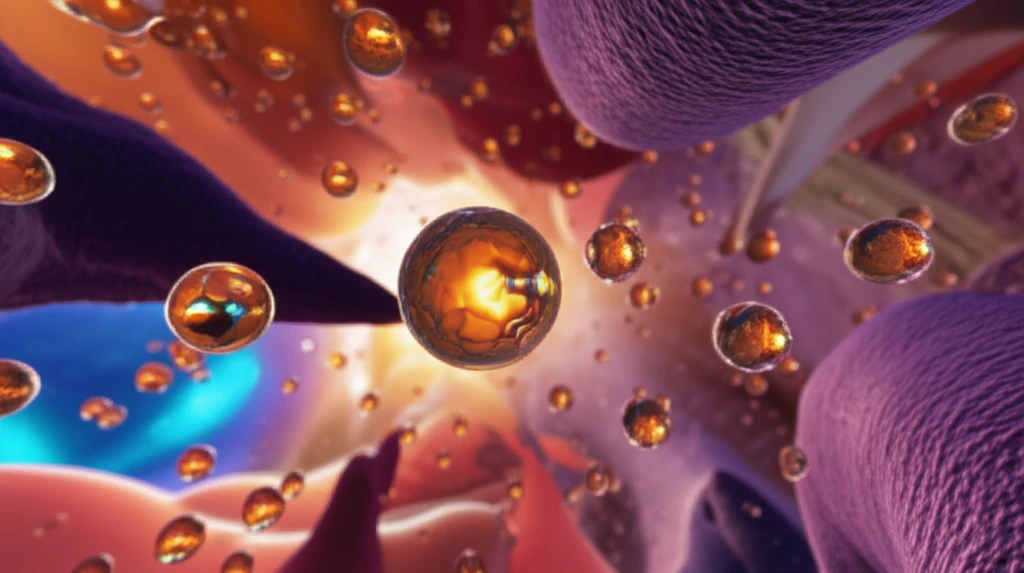 Lipid spheres navigating a cellular landscape, symbolizing drug delivery.