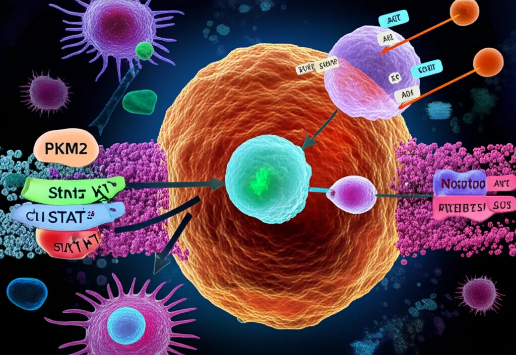 Symbolic illustration of AKT-PKM2 phosphorylation driving cancer cell growth.
