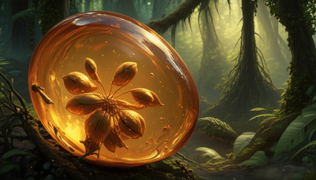 Fossilized Spirematospermum seeds in amber, against a backdrop of a lush, ancient forest during the Miocene epoch.