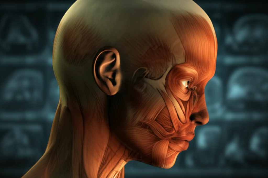 MRI scan of jaw muscles with overlaid anatomical illustration symbolizing trismus prediction.