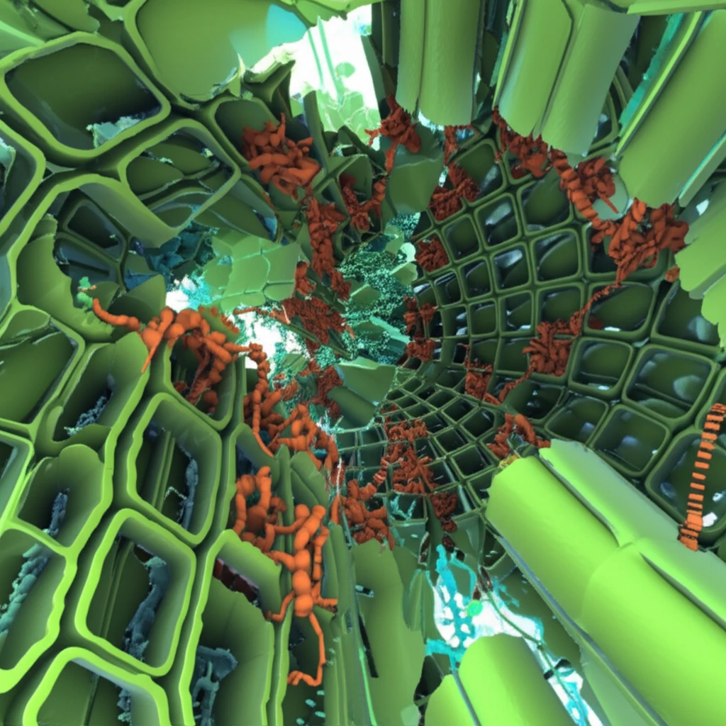 Illustration of plant cell walls with proteins shaping xylem vessels and pits