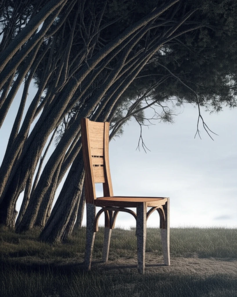 Wooden chair transforming into stone, symbolizing cyclic loading on wood.
