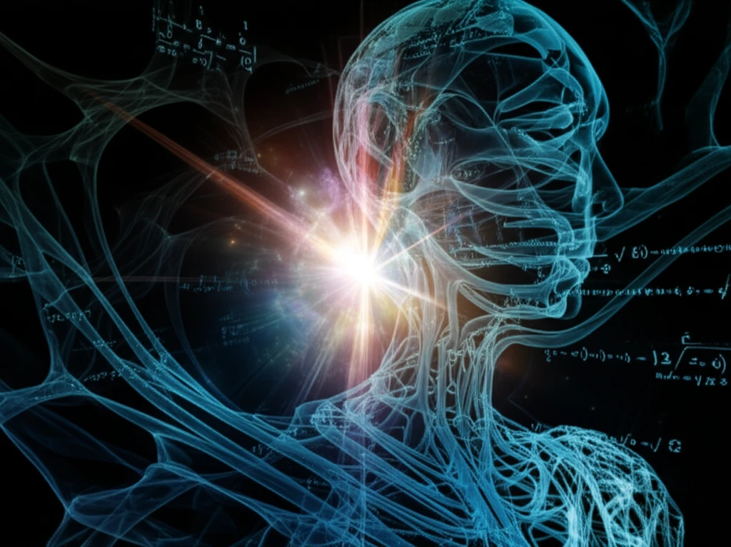 Surreal illustration of polychromatic light passing through a complex structure, symbolizing medical imaging reconstruction.