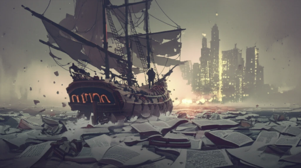 Surreal image of a ship sailing on book pages, representing the hybridity of contemporary literature.