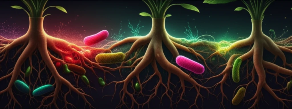 Intertwined plant roots and bacterial colonies, symbolizing horizontal gene transfer of expansin proteins.