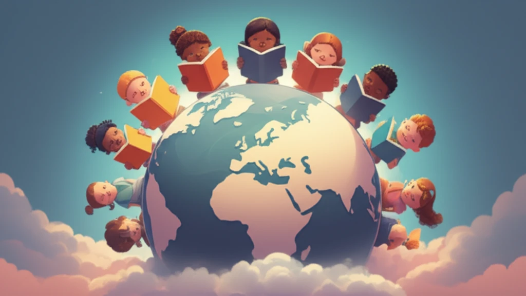 Diverse children circle a globe with books, representing inclusive education.
