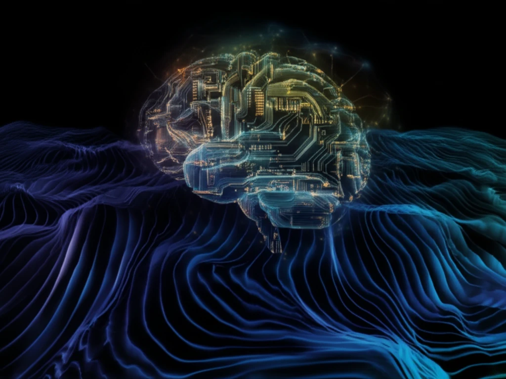 Surreal illustration of a brain with electrical circuits over EEG waves, representing brain analysis.