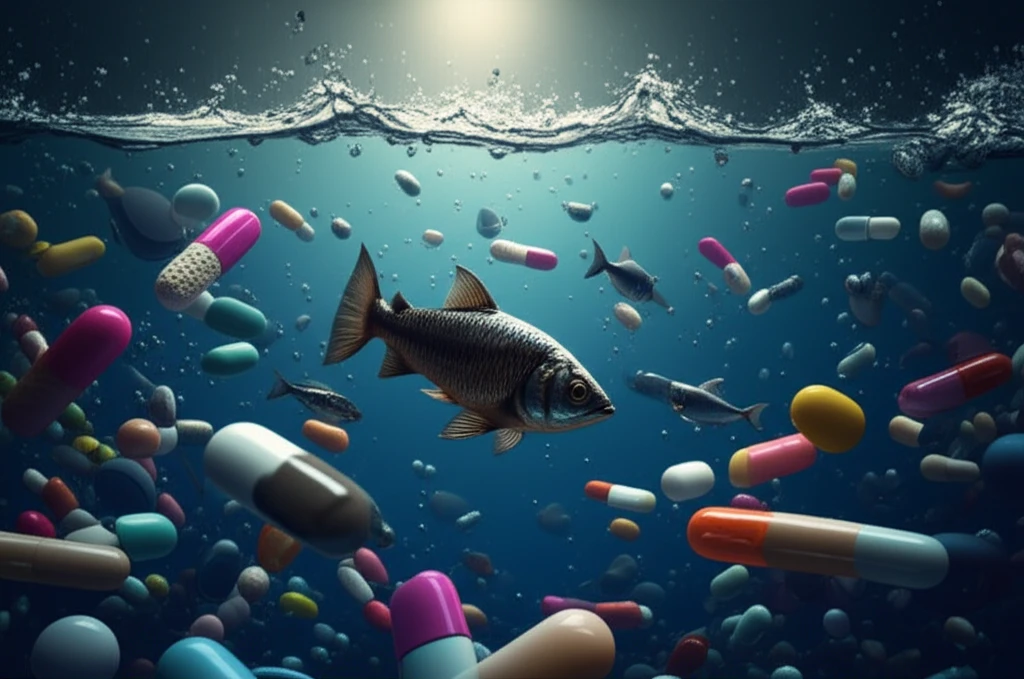 Fish swimming in water filled with pills, representing antimicrobial use in aquaculture.