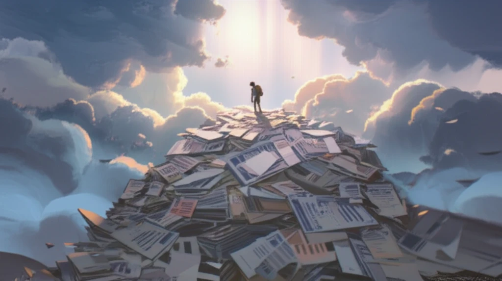 Researcher climbing a mountain of grant applications, symbolizing perseverance.